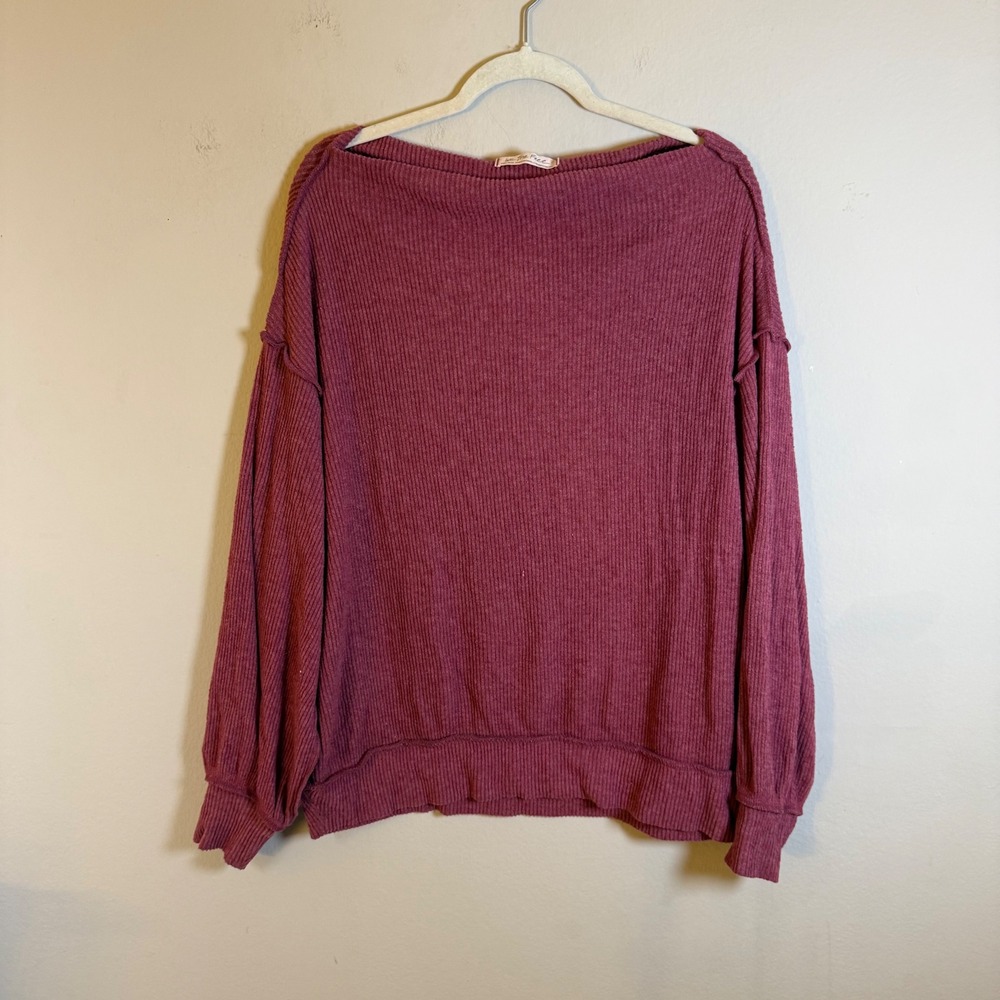 Free People We The Free Berry‎ Pink Thermal Knit Boat Neck Top XS Long Sleeve
